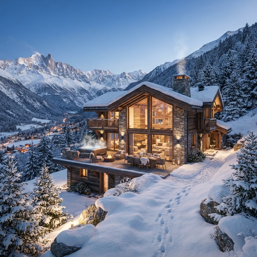 A picturesque ski chalet for sale in an international winter landscape