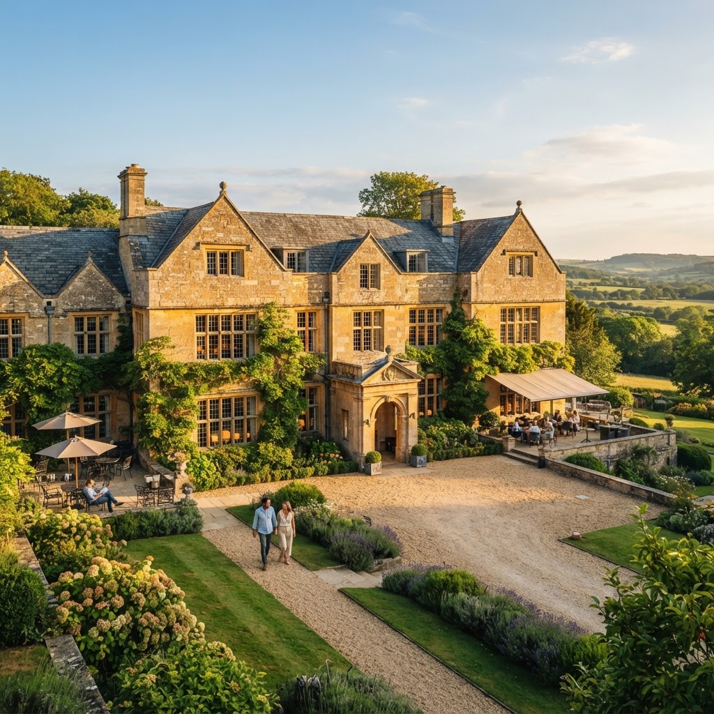 A couple walks through the garden of a grand historic country house converted into a luxury hotel at golden hour.
