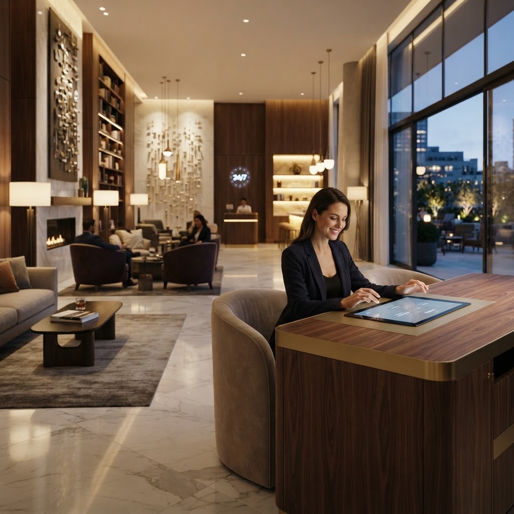 Hotel investor analyzing AI guest assistant infrastructure and performance metrics during acquisition due diligence