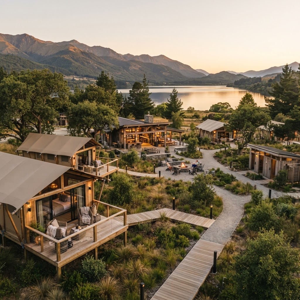 A scenic campsite ready for sale with tents and campfire