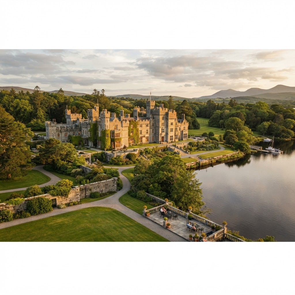 Aerial view of a luxury Irish castle hotel on a lakefront at sunset, featuring stone architecture and lush gardens.