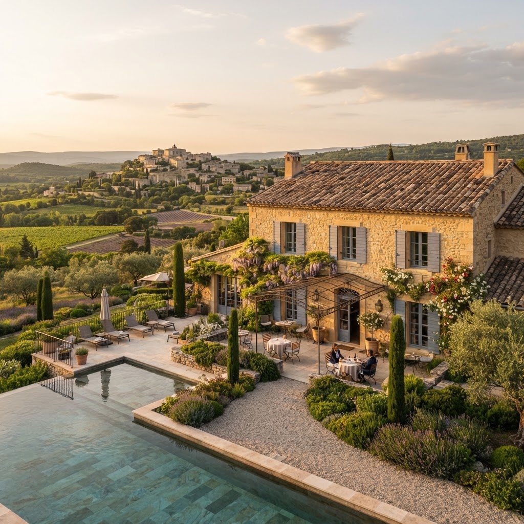 Charming French hotel exterior with vibrant garden