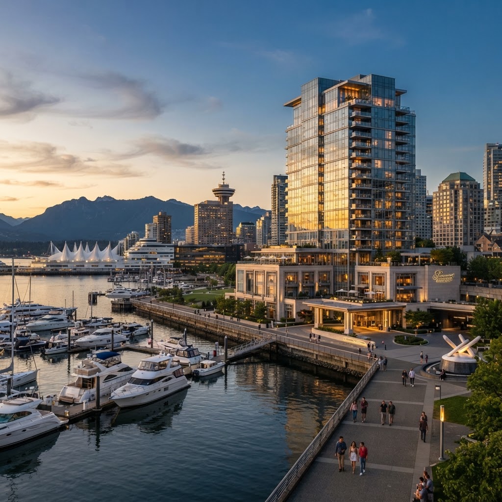 Skyline view of Vancouver with hotels, ideal for buyers