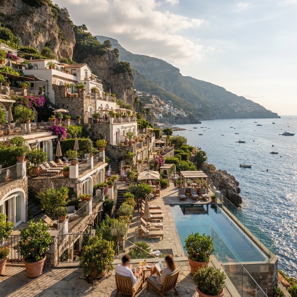 Luxury boutique hotel overlooking the Mediterranean Sea on the Amalfi Coast, Italy