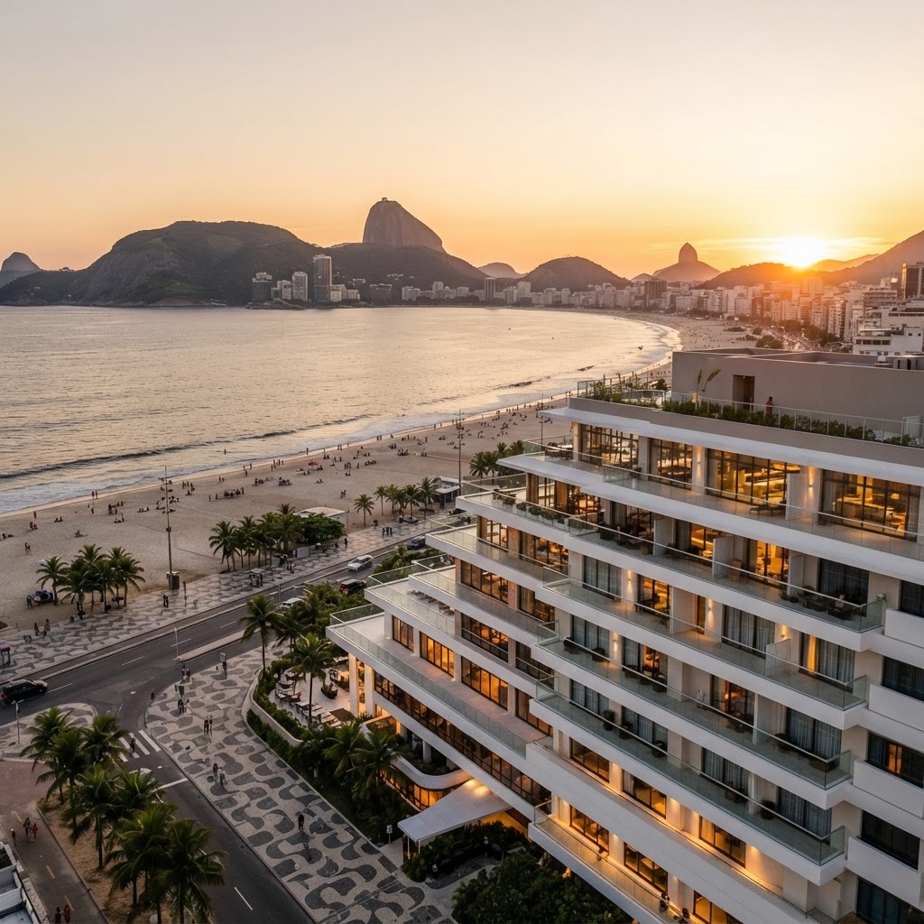 View of a luxury hotel in Rio de Janeiro, Brazil, with Copacabana Beach
