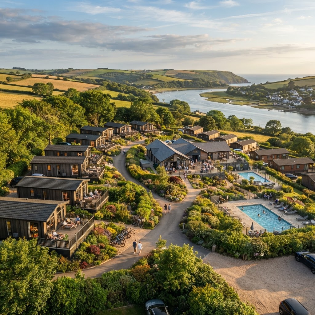 Aerial view of a holiday park in the UK with lush greenery and recreational facilities
