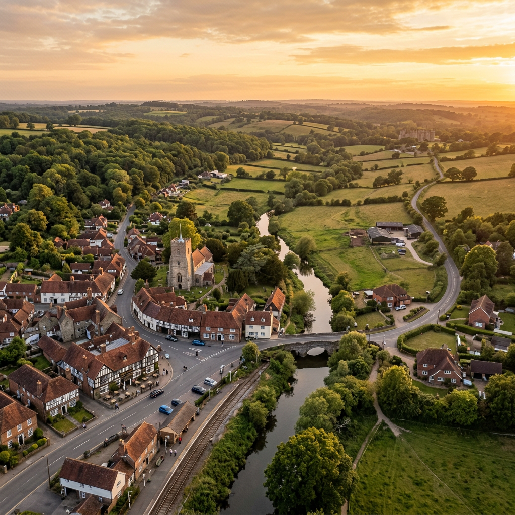 Aerial view of Robertsbridge, East Sussex at golden hour