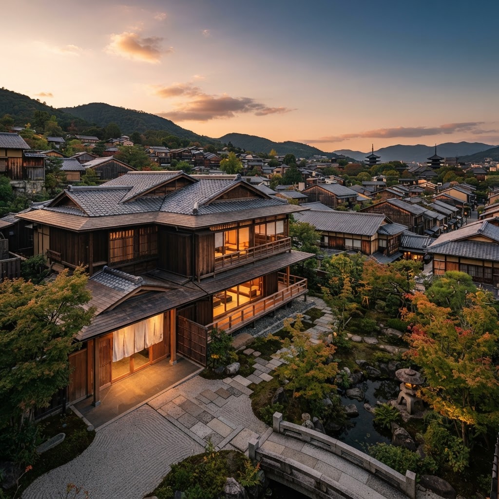 View of a traditional hotel in Kyoto with scenic surroundings