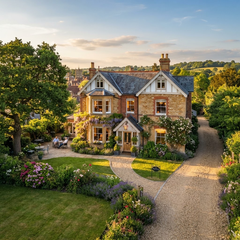 Charming guest house exterior in Alton with lush garden