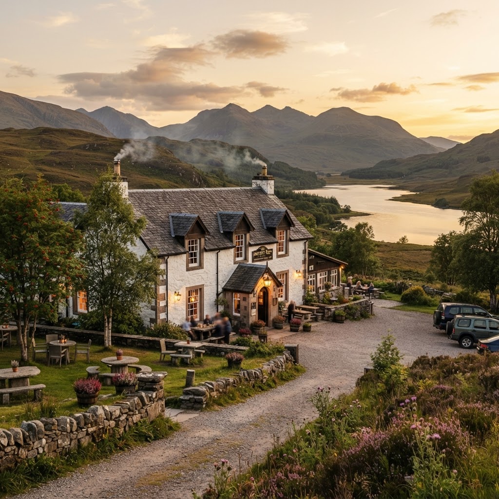 Traditional Scottish Highland public house with stone facade nestled in mountain landscape with heather moorland
