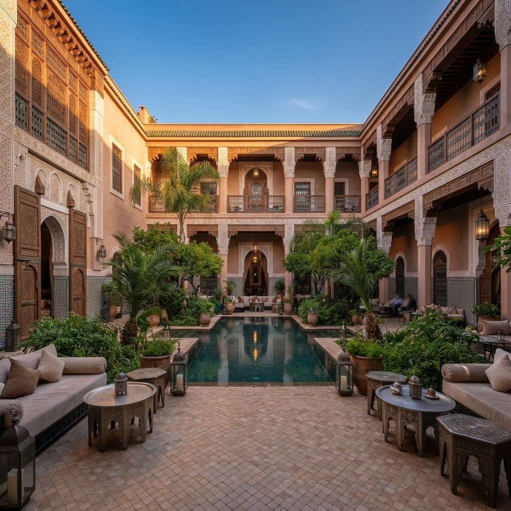 Luxury hotel courtyard in Marrakech with traditional Moroccan architecture and palm trees