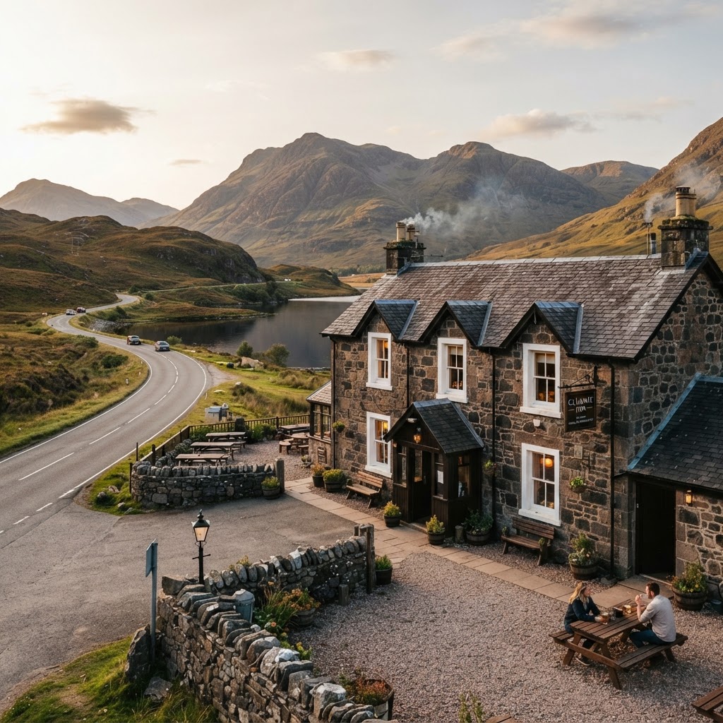 Picturesque pub in the Scottish Highlands surrounded by scenic landscapes