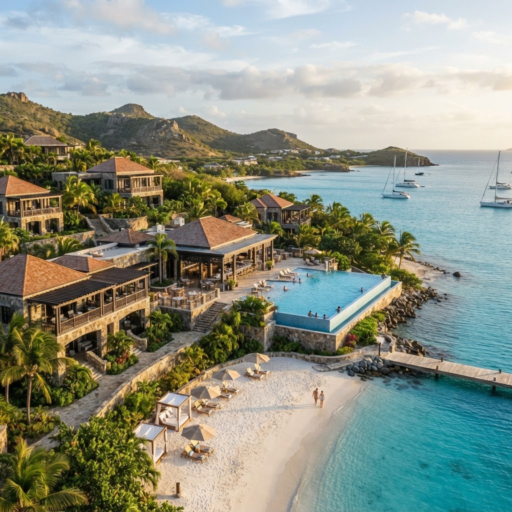 Luxury beachfront resort property in Antigua with white sand beach and turquoise Caribbean waters