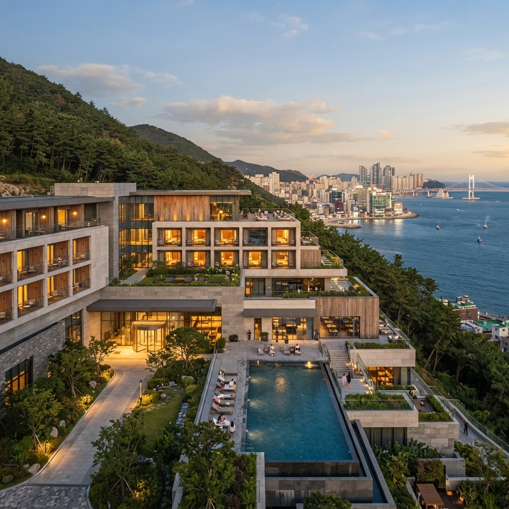 Panoramic view of a luxury hotel in South Korea