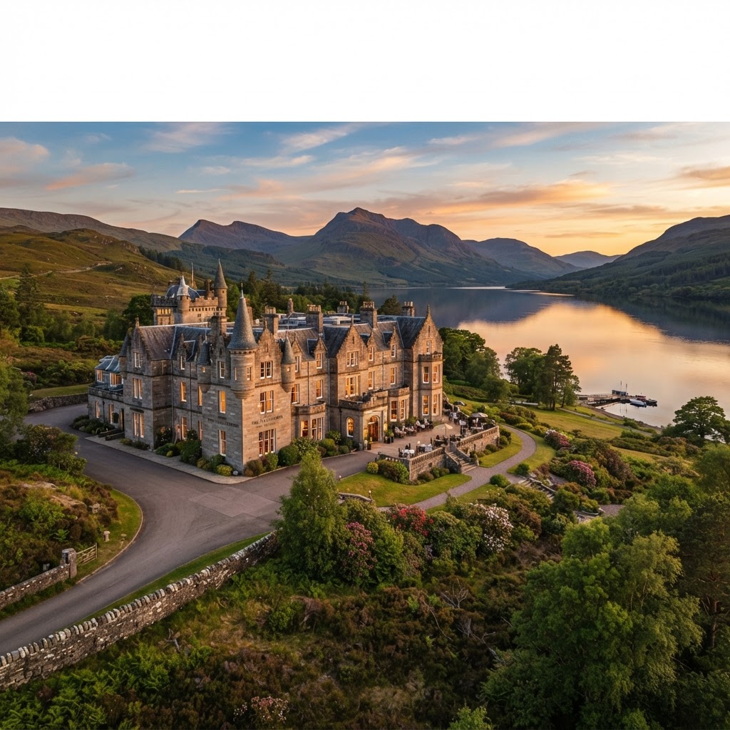 A picturesque Scottish landscape with a hotel, ideal for investment