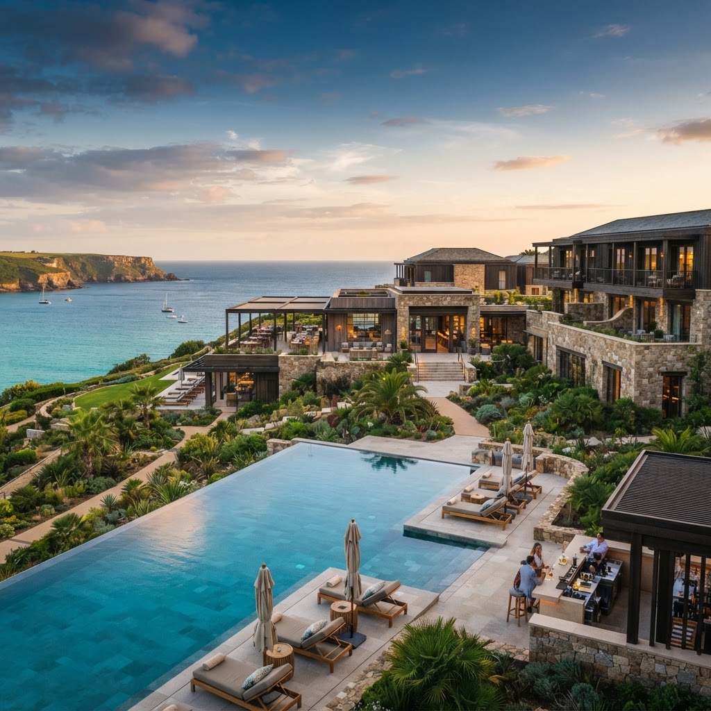 Luxury coastal hospitality resort with an infinity pool overlooking the ocean at sunset.