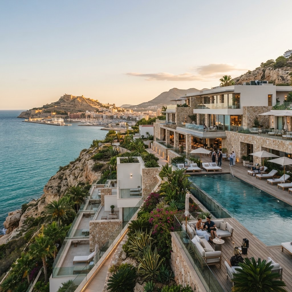 Luxury cliffside resort with infinity pool overlooking the Alicante coastline and harbor at sunset.