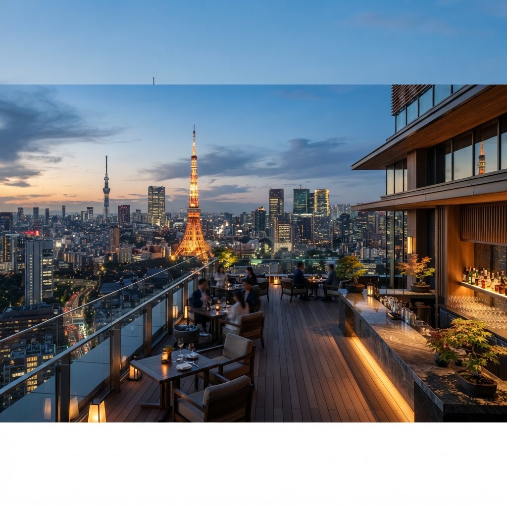 Skyline view of Tokyo city with luxury hotels in the foreground