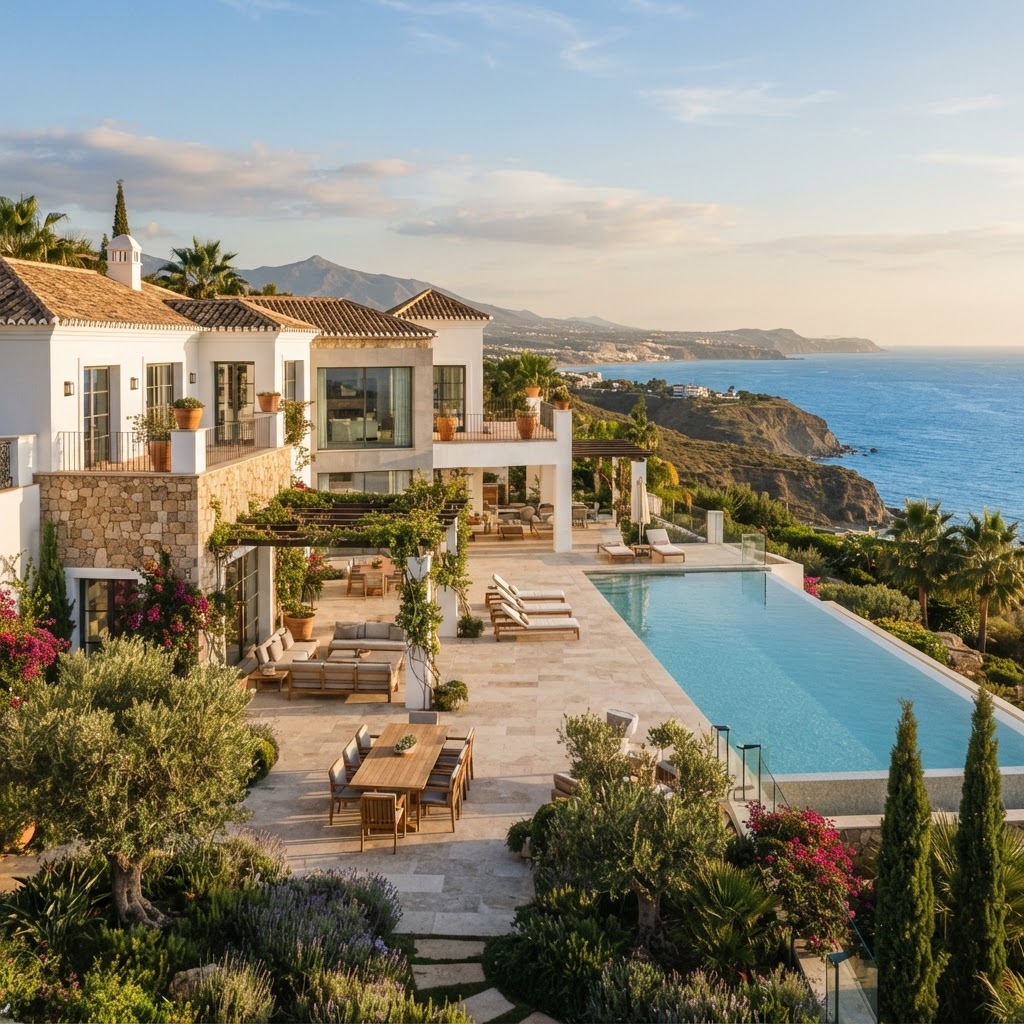 Luxury villa in Spain with ocean views, infinity pool, and landscaped gardens at sunset.
