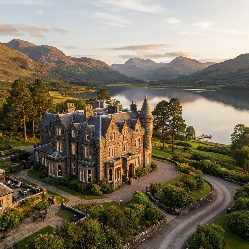 Panoramic view of a hotel nestled in the scenic Scottish Highlands
