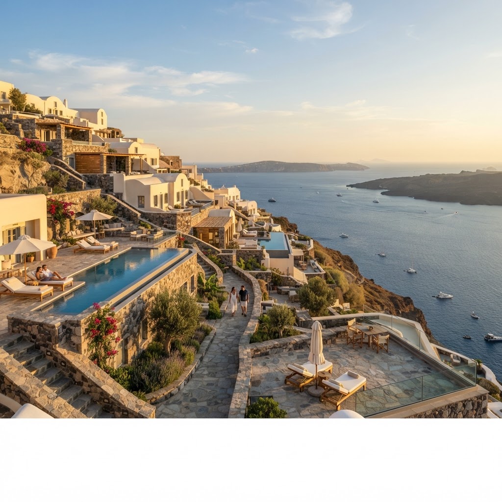 Luxury boutique hotel overlooking turquoise Aegean Sea on Greek island with white-washed architecture and infinity pool