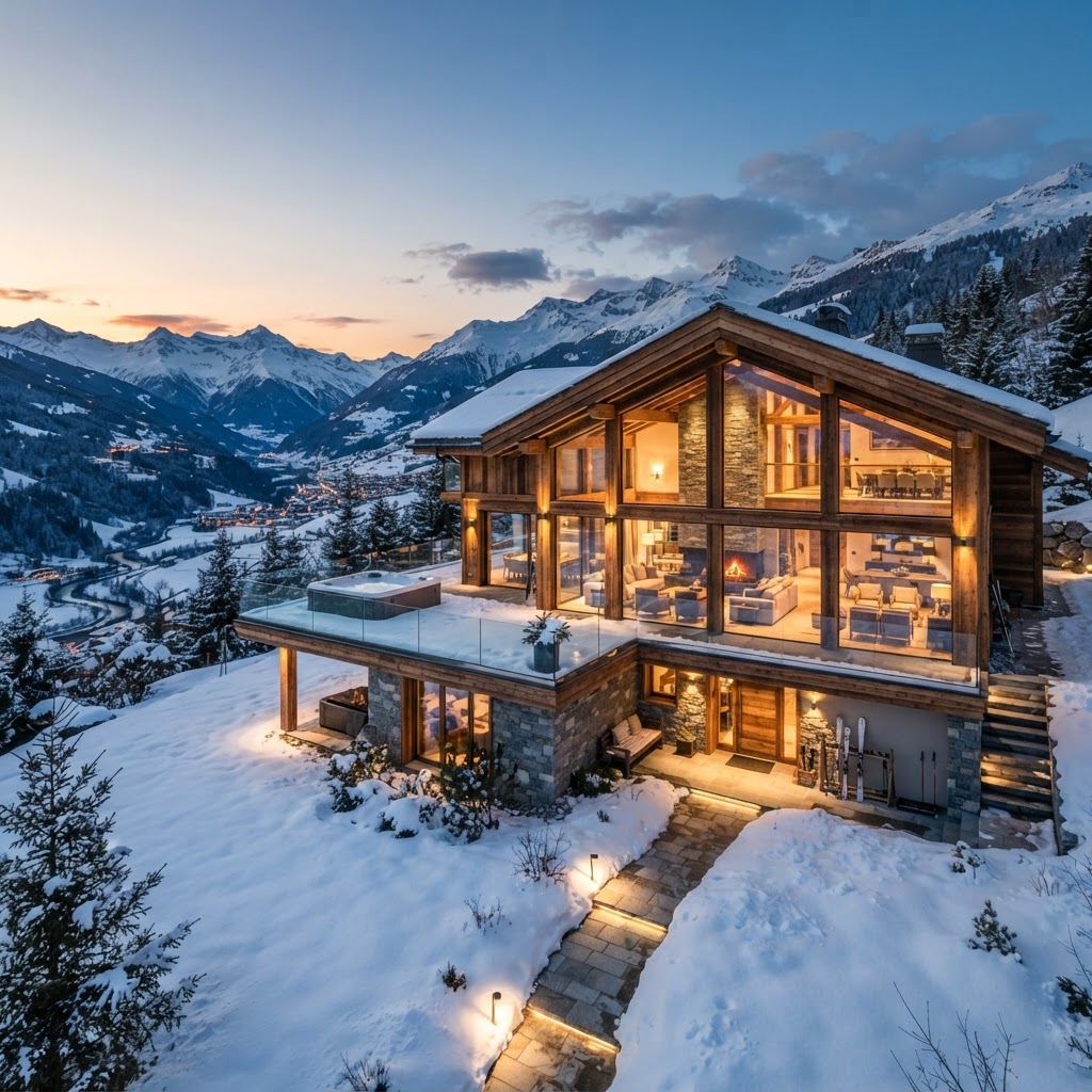 A luxury ski chalet at twilight with a hot tub, glowing interior, and snow-capped mountain views.