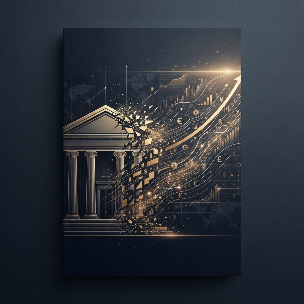 Abstract editorial visual about central banking and monetary policy in dark navy and gold