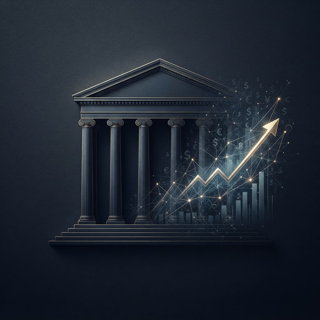 Abstract editorial visual about central-bank power and democratic accountability: an imposing neoclassical central-bank façade dissolving into monetary data streams and currency symbolism in dark navy and gold