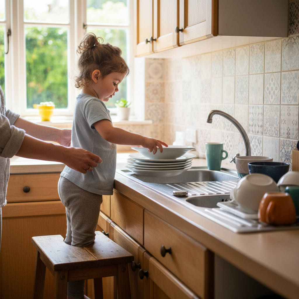 Child helping with household chores, stacking dishes
