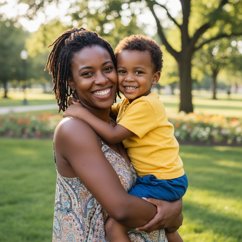 a black Parent and child smiling together, sharing a positive moment
