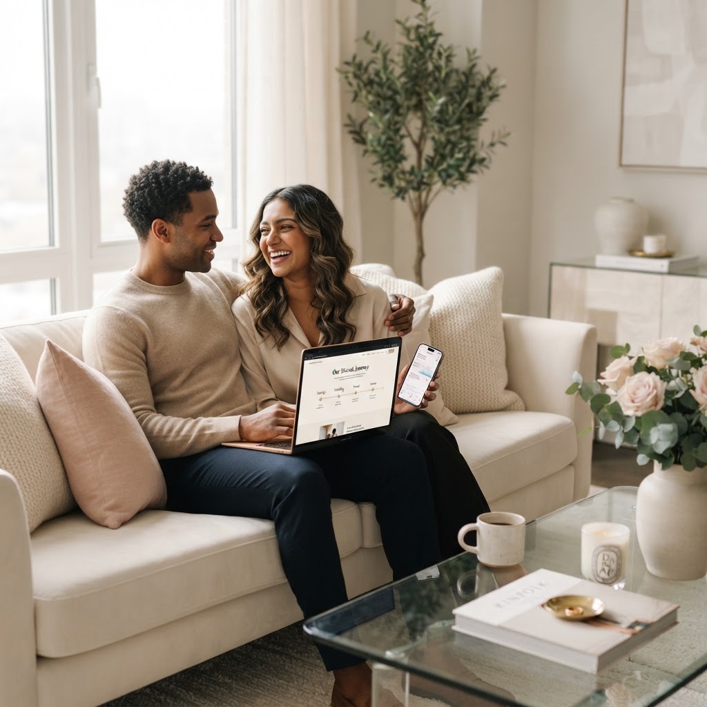 A couple planning their wedding and future together using digital tools in a warm, elegant home setting