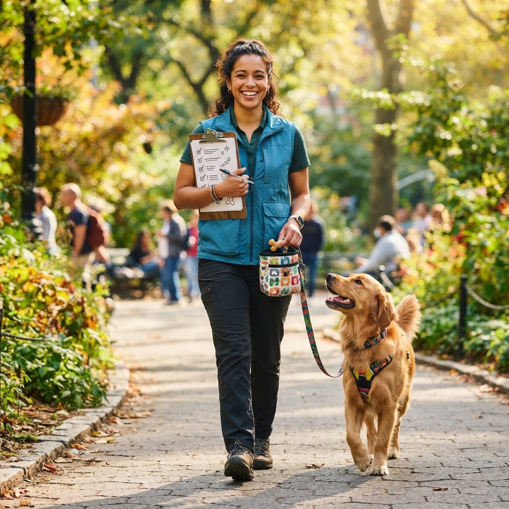 A professional pet sitter preparing for a visit