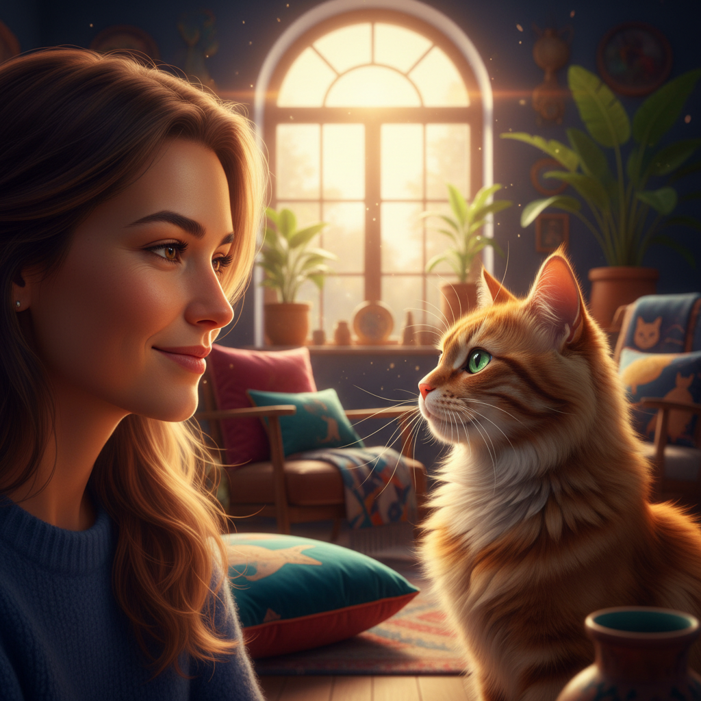 A person and a cat sharing a slow blink, symbolizing trust and connection.