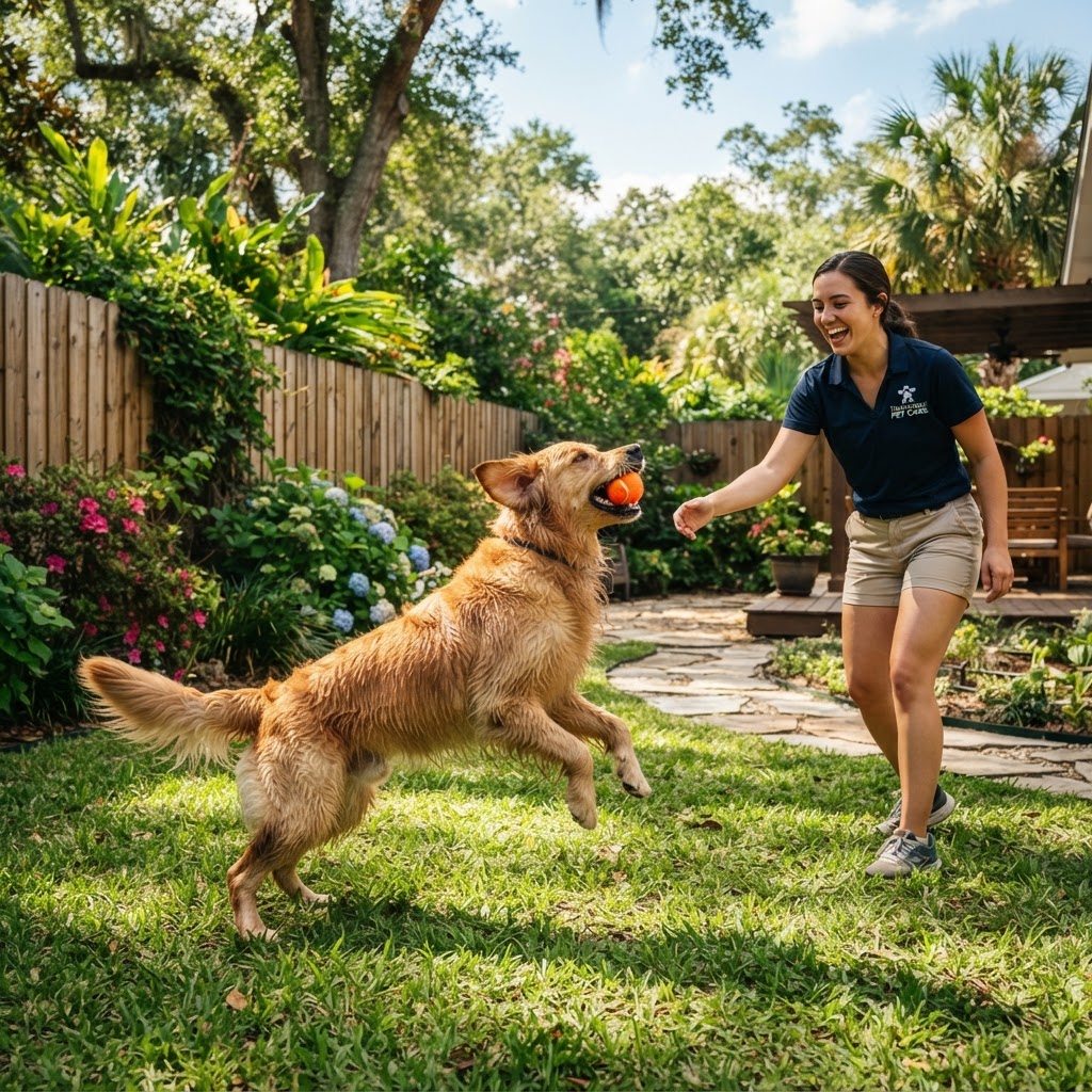 Professional pet caregiver playing with a dog outdoors