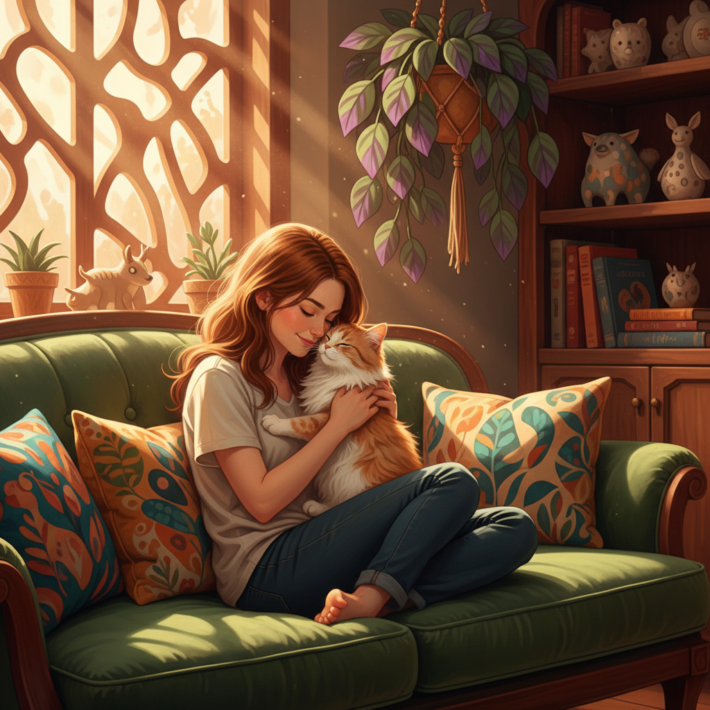 A petsitter cuddling with a friendly cat at home.