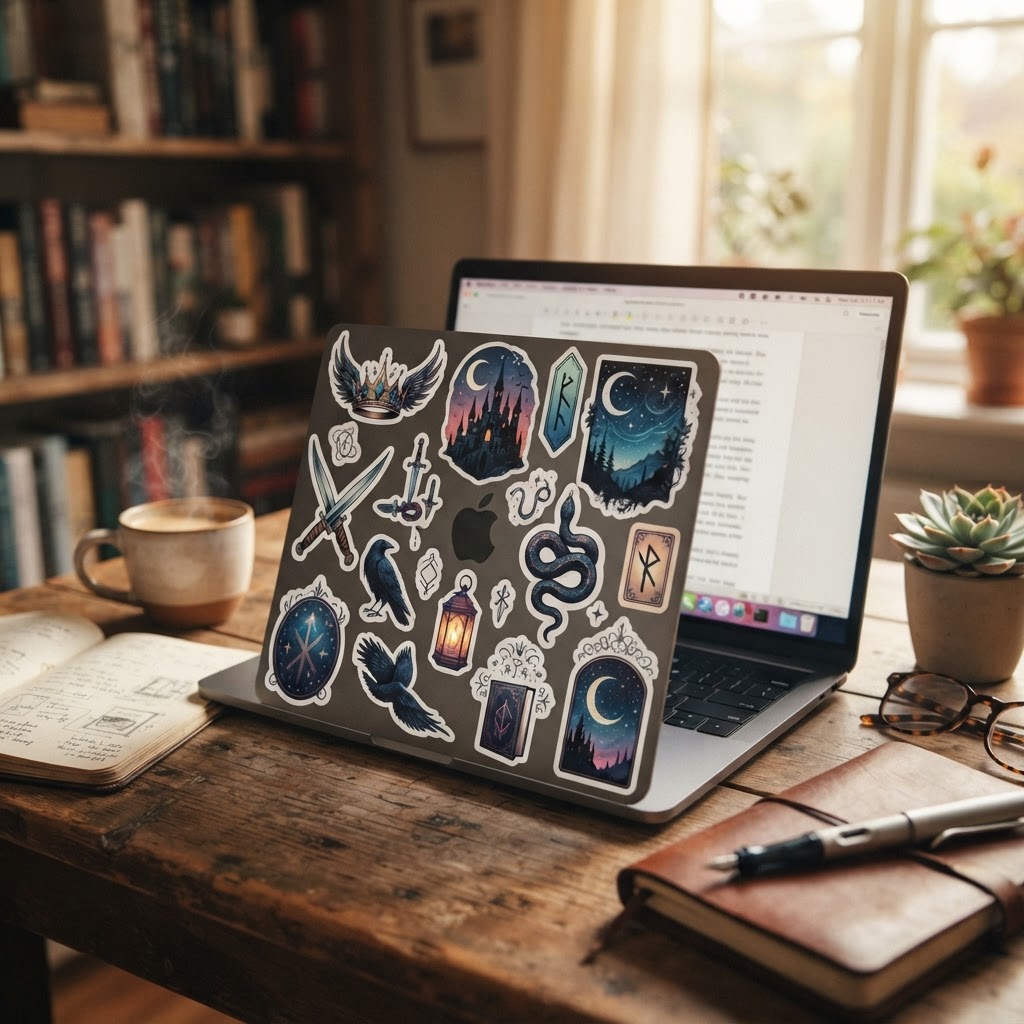 Indie author laptop decorated with custom book-themed stickers