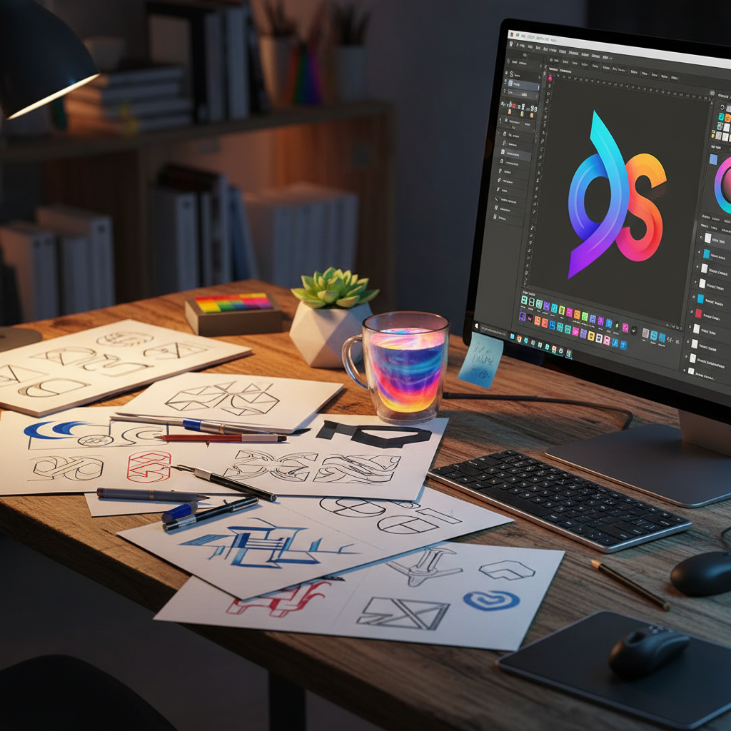 Designer workspace with logo sketches and design software.
