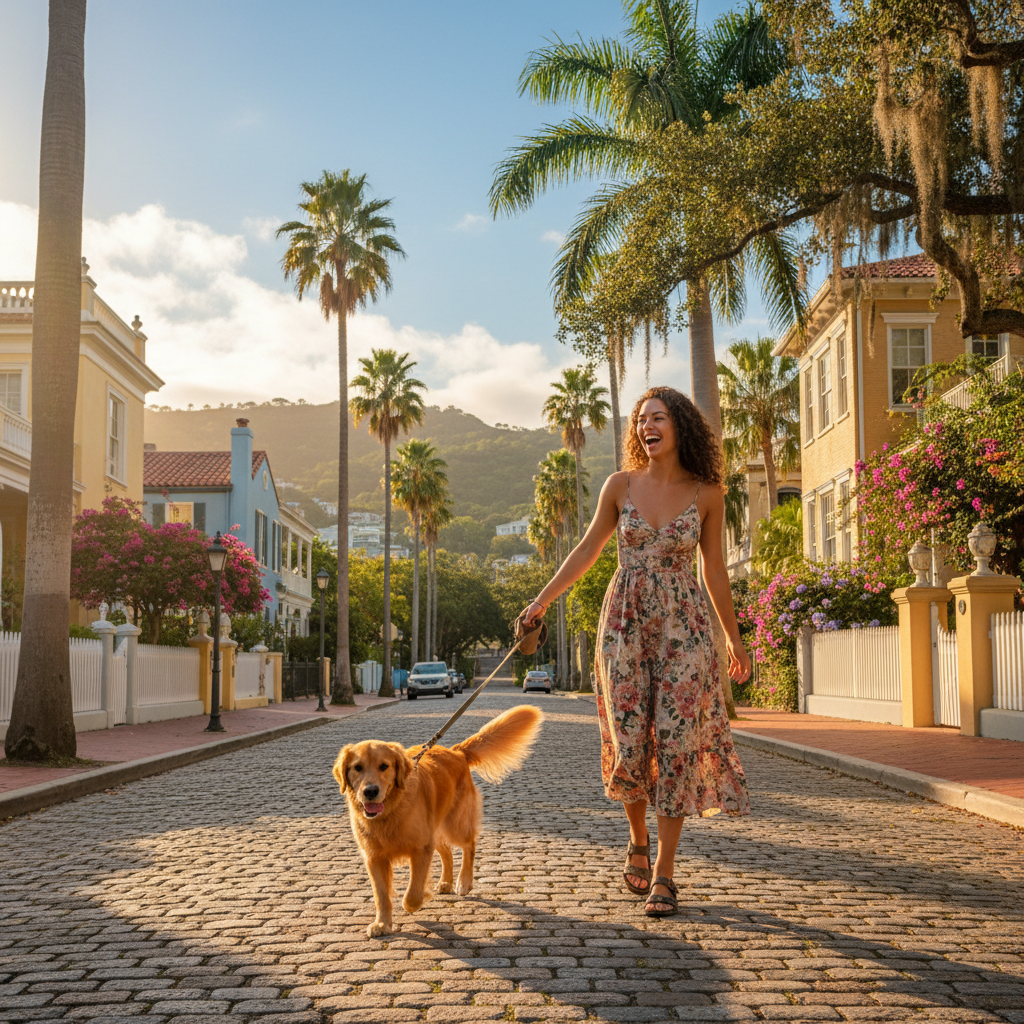 A petsitter walking a dog through a picturesque Tallahassee neighborhood.