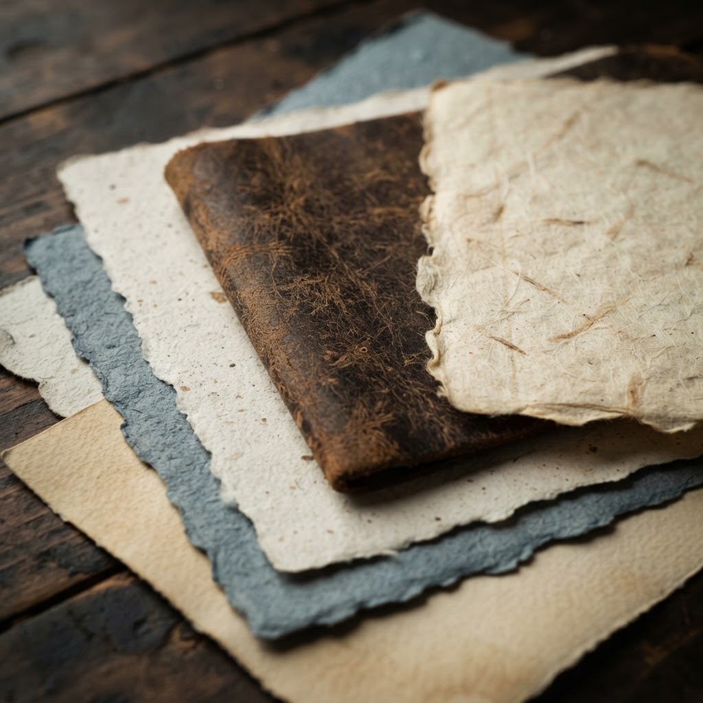 A close-up display of various textures like parchment and distressed paper used in book cover design.