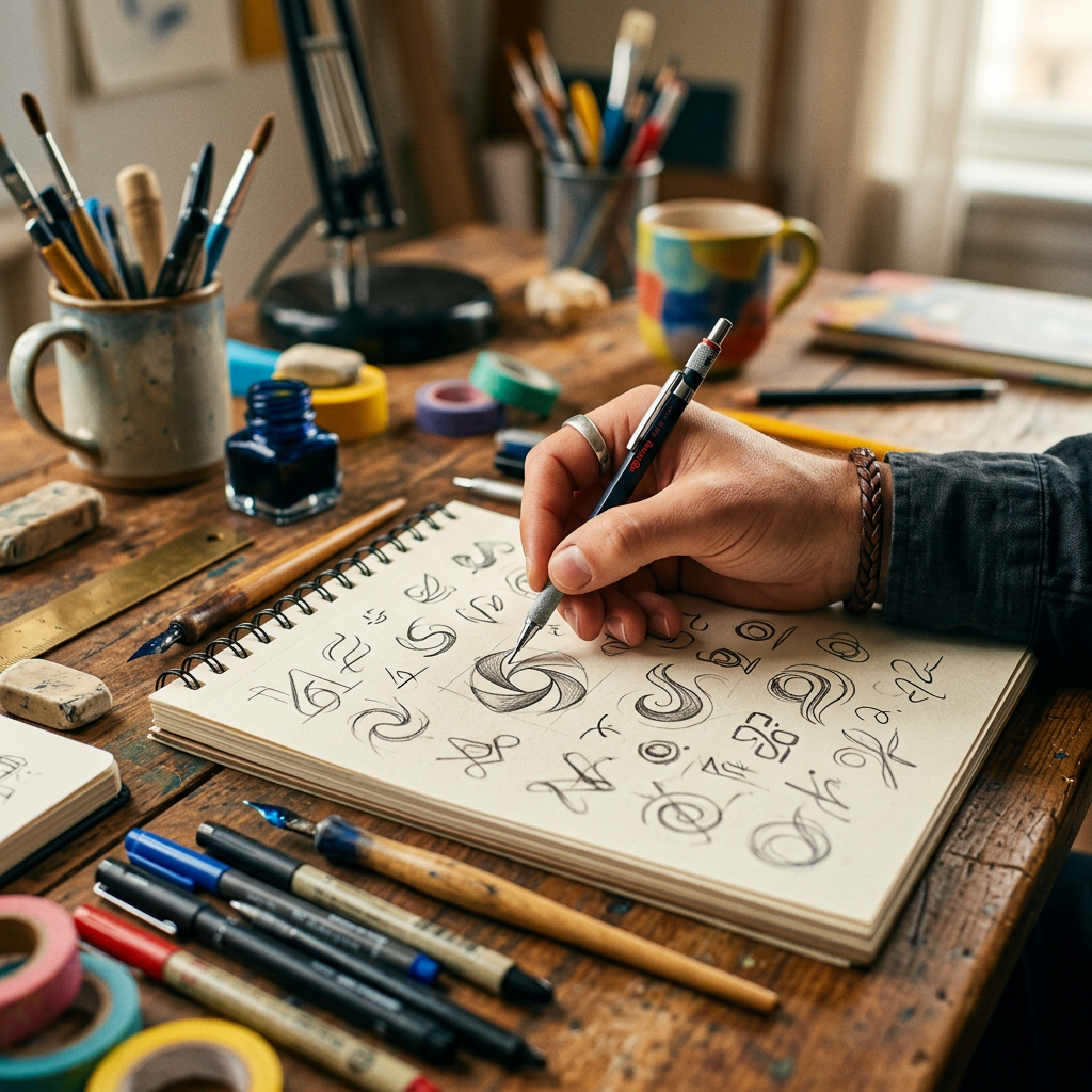 Designer sketching logo ideas on a notepad for Tallahassee Web Design