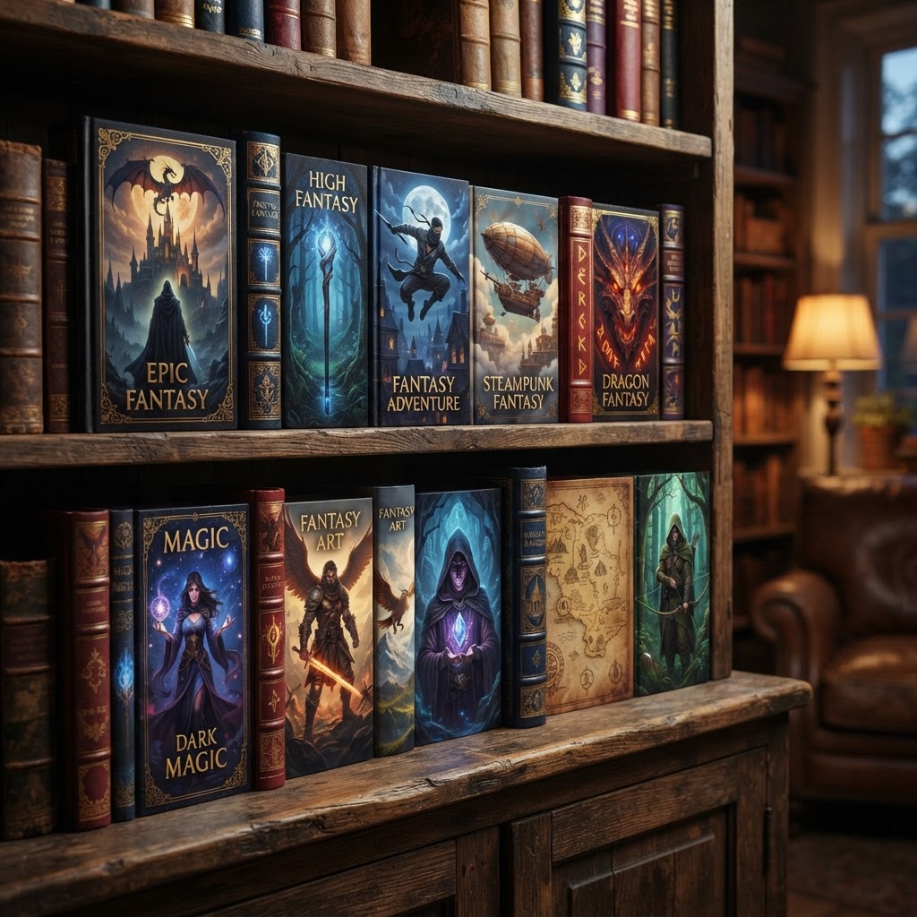 A display of fantasy book covers showing common genre tropes like runes and epic landscapes.