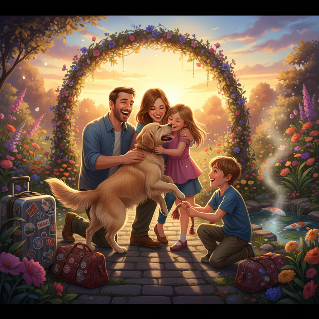 Family joyfully reuniting with their pet after a trip.