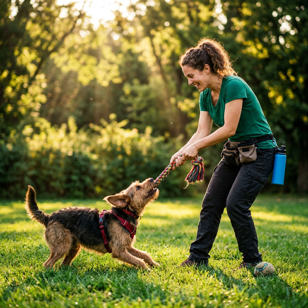 Petsitter playing tug of war with a happy dog.