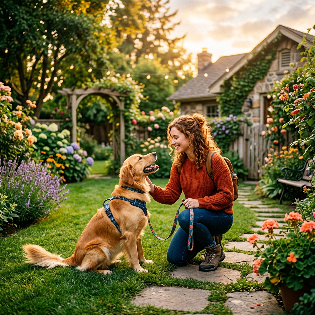 Dog getting acquainted with Camille the petsitter in the yard.