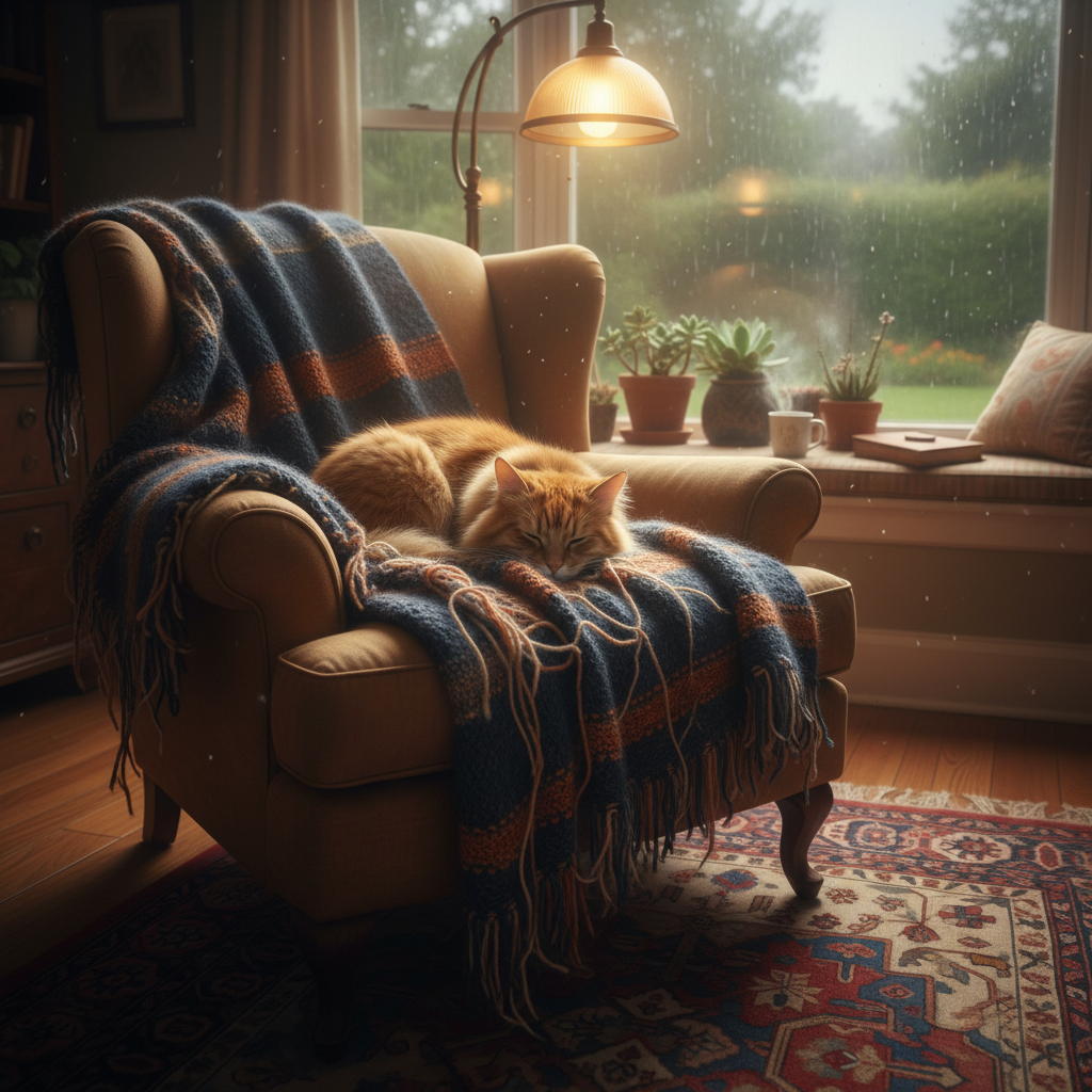 A cozy blanket in a corner representing the comfort of familiar scents for a cat.