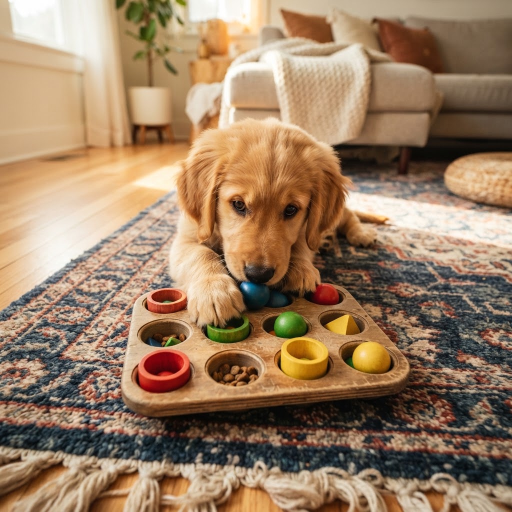 Puppy engaging with a DIY muffin tin mental stimulation toy.