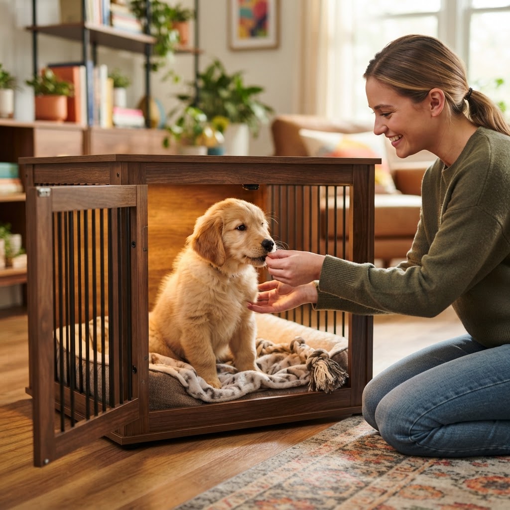 Owner helping a puppy feel safe in their crate