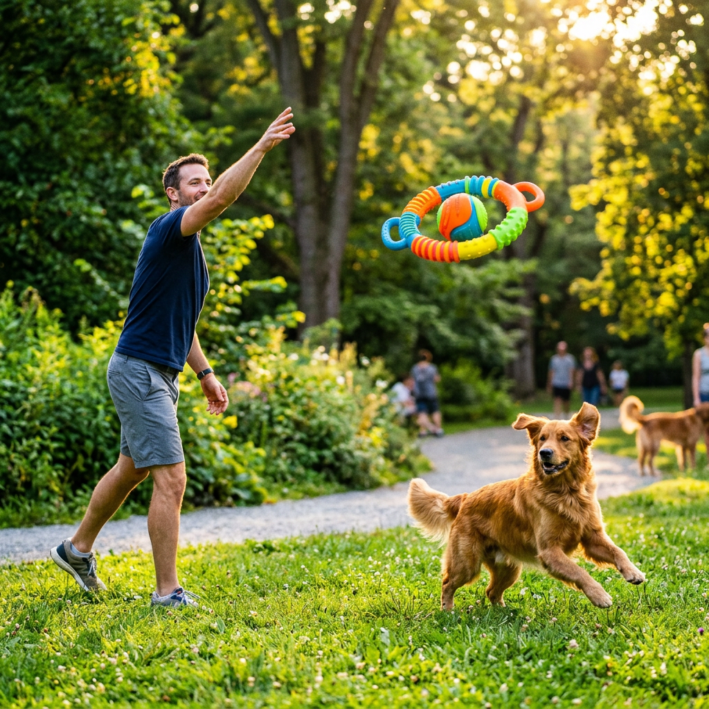 Tallahassee Pet-sitting Games, Dog playing fetch in Tallahassee park with colorful toy.
