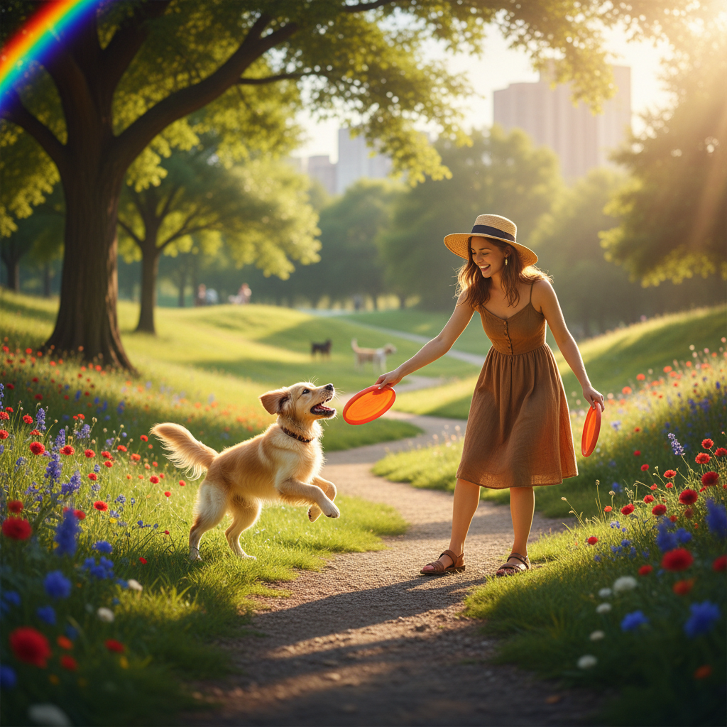 A petsitter playing fetch with a happy dog in a sunny park.