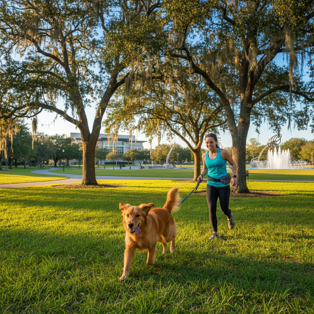A dog running in a Tallahassee park with a pet sitter close by.